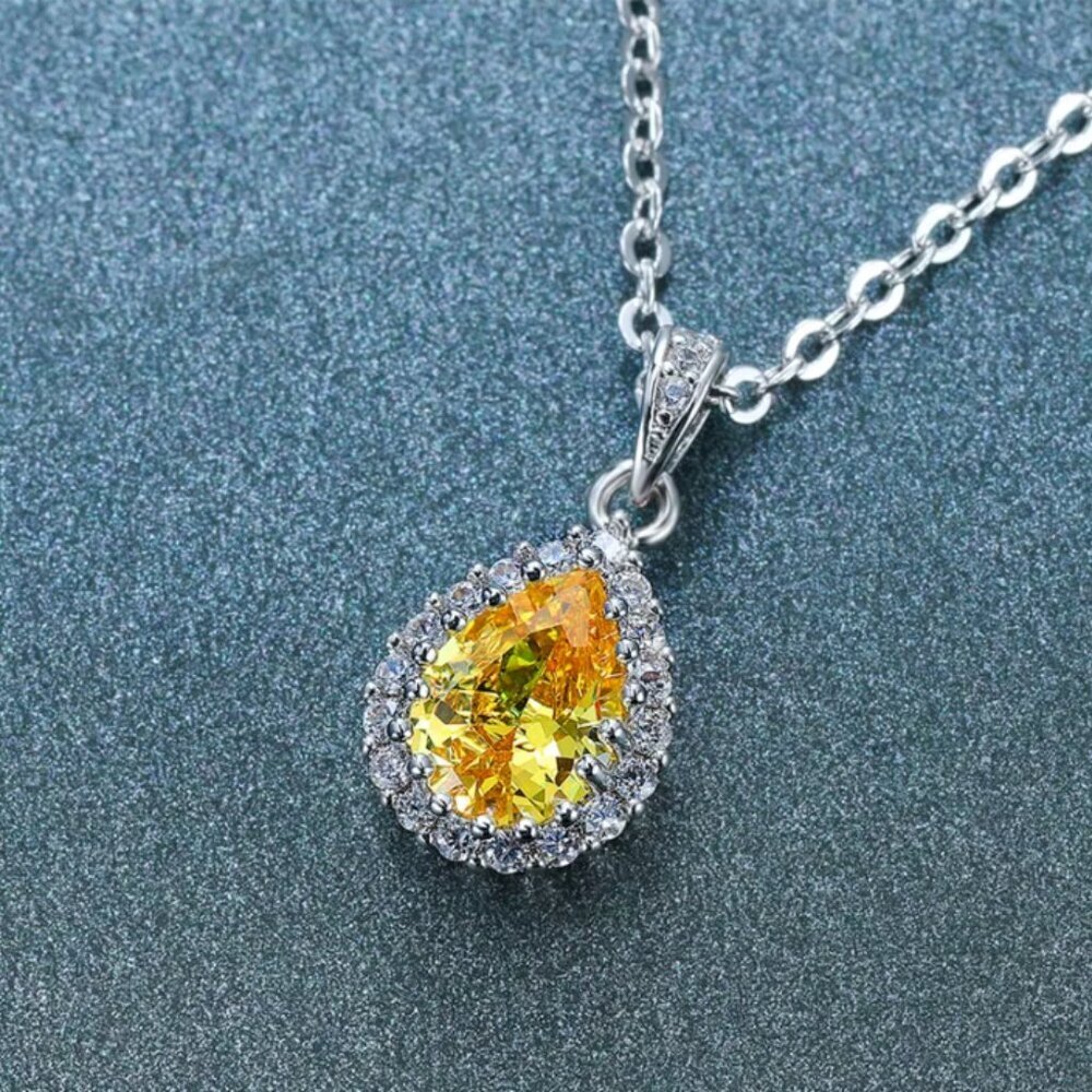 NEW 14k White Gold Yellow Citrine Diamond Necklace Tear Drop Pear Cut Pen… - Picture 2 of 5